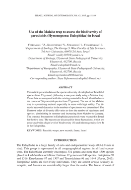 Use of the Malaise Trap to Assess the Biodiversity of Parasitoids (Hymenoptera: Eulophidae) in Israel