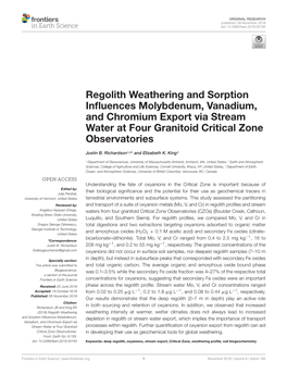 Regolith Weathering and Sorption Influences Molybdenum, Vanadium, and Chromium Export Via Stream Water at Four Granitoid Critica