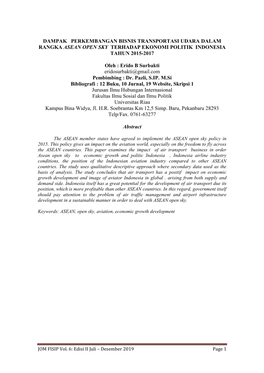 Dampak Perkembangan Bisnis Transportasi Udara Dalam Rangka Asean Open Sky Terhadap Ekonomi Politik Indonesia Tahun 2015-2017