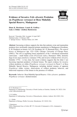 Evidence of Invasive Felis Silvestris Predation on Propithecus Verreauxi at Beza Mahafaly Special Reserve, Madagascar