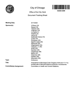 City of Chicago 02020-3388 Office of the City Clerk Document Tracking Sheet