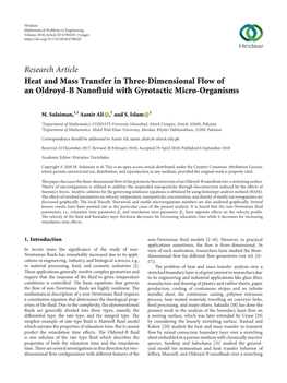 Research Article Heat and Mass Transfer in Three-Dimensional Flow of an Oldroyd-B Nanofluid with Gyrotactic Micro-Organisms