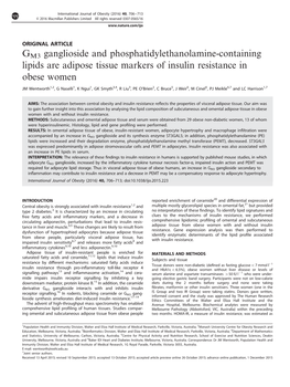 GM3 Ganglioside and Phosphatidylethanolamine-Containing Lipids Are Adipose Tissue Markers of Insulin Resistance in Obese Women