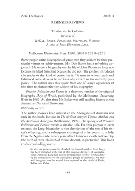 Acta Theologica 2005: 1 RESENSIES/REVIEWS Trouble in the Colonies Review of Melbourne University Press 1998