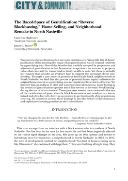 Space of Gentrification: “Reverse Blockbusting,” Home Selling, and Neighborhood Remake in North Nashville