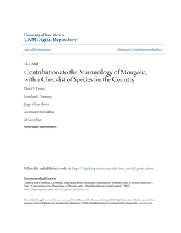 Contributions to the Mammalogy of Mongolia, with a Checklist of Species for the Country David S