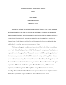 Neighborhoods, Cities, and Economic Mobility (Draft) Patrick Sharkey New