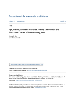 Age, Growth, and Food Habits of Johnny, Slenderhead and Blacksided Darters of Boone County, Lowa