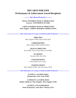 2015 ARTS for LIFE Performance & Achievement Award Recipients