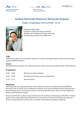 Aarhus University Honorary Doctorate Seminar Friday 13 September 2019 at 10.00 – 11.15