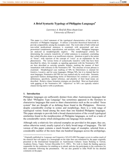 A Brief Syntactic Typology of Philippine Languages