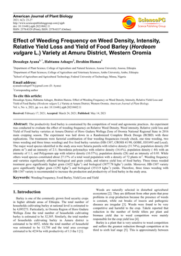 Effect of Weeding Frequency on Weed Density, Intensity, Relative Yield Loss and Yield of Food Barley ( Hordeom Vulgare L.) Variety at Amuru District, Western Oromia