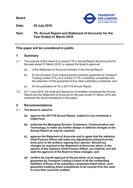 Tfl Annual Report and Statement of Accounts for the Year Ended 31 March 2018 This Paper Will Be