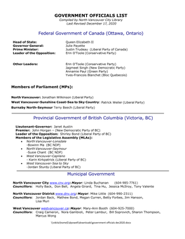GOVERNMENT OFFICIALS LIST Compiled by North Vancouver City Library Last Revised December 17, 2020