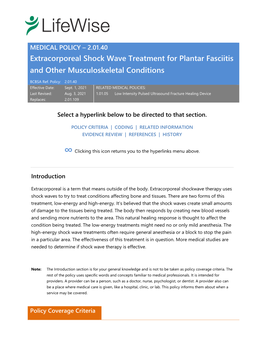 2.01.40 Extracorporeal Shock Wave Treatment for Plantar Fasciitis and Other Musculoskeletal Conditions