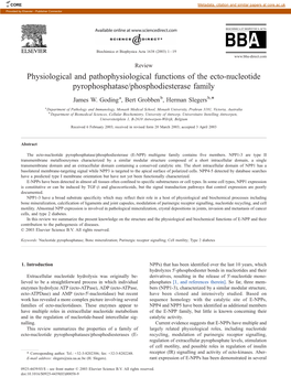 Physiological and Pathophysiological Functions of the Ecto-Nucleotide Pyrophosphatase/Phosphodiesterase Family