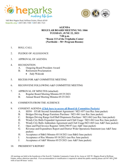 AGENDA REGULAR BOARD MEETING NO. 1066 TUESDAY, JUNE 22, 2021 7:00 P.M