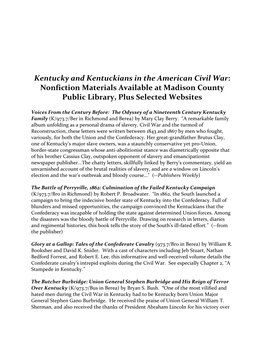 Kentucky and Kentuckians in the American Civil War: Nonfiction Materials Available at Madison County Public Library, Plus Selected Websites