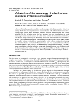 Calculation of the Free Energy of Solvation from Molecular Dynamics Simulations*