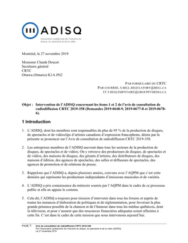 Intervention De L'adisq Concernant Les Items 1 Et 2 De L'avis De