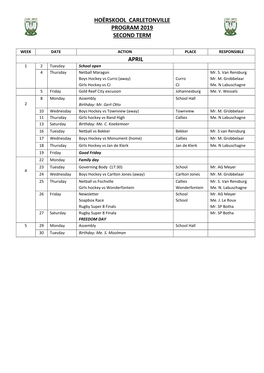 Hoërskool Carletonville Program 2019 Second Term