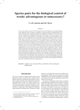 Species Pairs for the Biological Control of Weeds: Advantageous Or Unnecessary?