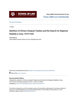 Abolition of China's Unequal Treaties and the Search for Regional Stability in Asia, 1919-1943