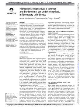 Hidradenitis Suppurativa: a Common and Burdensome, Yet Under-Recognised, Inﬂammatory Skin Disease Deirdre Nathalie Dufour,1 Lennart Emtestam,2 Gregor B Jemec1