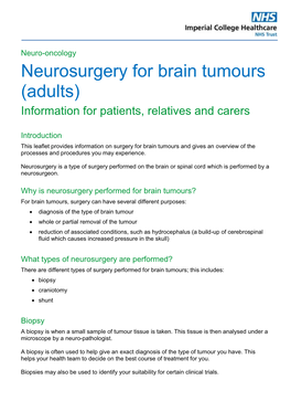 Neurosurgery for Brain Tumours (Adults) Information for Patients, Relatives and Carers