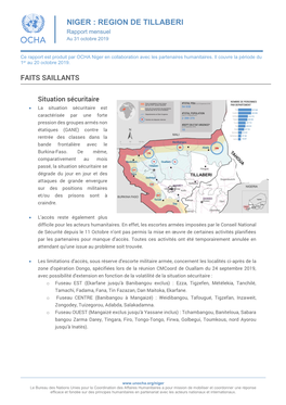 NIGER : REGION DE TILLABERI Rapport Mensuel Au 31 Octobre 2019