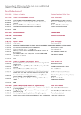 Conference Agenda - 9Th International Mrna Health Conference 2020 (Virtual) (All Times Shown As Eastern Standard Time, EST)