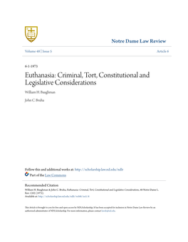 Euthanasia: Criminal, Tort, Constitutional and Legislative Considerations William H