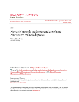 Monarch Butterfly Preference and Use of Nine Midwestern Milkweed Species Victoria Marie Pocius Iowa State University