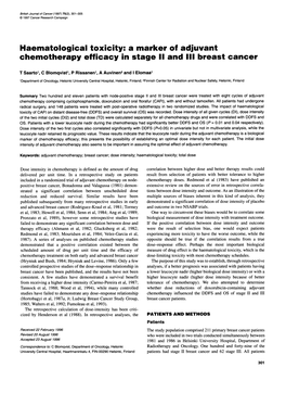 Haematological Toxicity: a Marker of Adjuvant Chemotherapy Efficacy in Stage 11 and III Breast Cancer