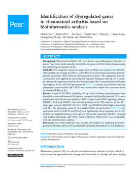 Identification of Dysregulated Genes in Rheumatoid Arthritis Based on Bioinformatics Analysis