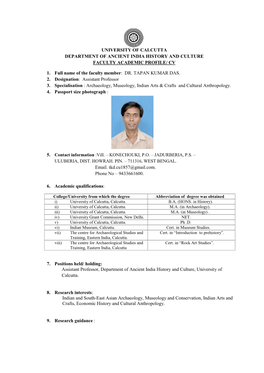 Artment of Ancient India History and Culture Faculty Academic Profile/ Cv