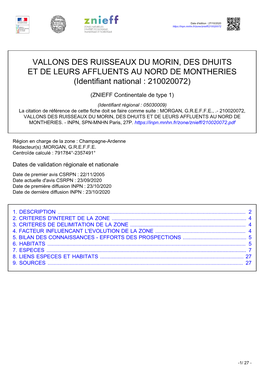 VALLONS DES RUISSEAUX DU MORIN, DES DHUITS ET DE LEURS AFFLUENTS AU NORD DE MONTHERIES (Identifiant National : 210020072)