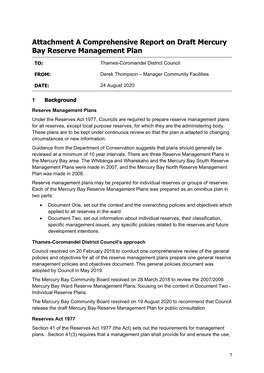 Attachment a Comprehensive Report on Draft Mercury Bay Reserve Management Plan