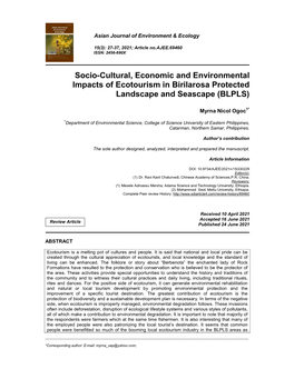 Socio-Cultural, Economic and Environmental Impacts of Ecotourism in Birilarosa Protected Landscape and Seascape (BLPLS)