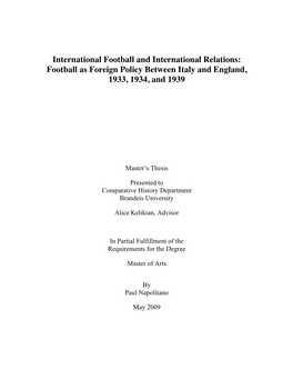 International Football and International Relations: Football As Foreign Policy Between Italy and England, 1933, 1934, and 1939