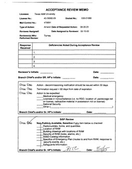 Acceptance Review Memo for Texas A&M University, Amendment Request Dated 08/30/2005