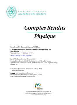 A Review of Anomalous Resonance, Its Associated Cloaking, and Superlensing Volume 21, Issue 4-5 (2020), P