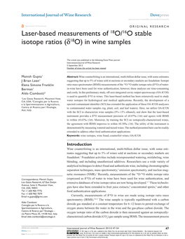 Laser-Based Measurements of 18O/16O Stable Isotope Ratios (Δ18o) in Wine Samples