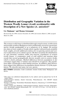 Distribution and Geographic Variation in the Western Woolly Lemur (Avahi Occidentalis) with Description of a New Species (A