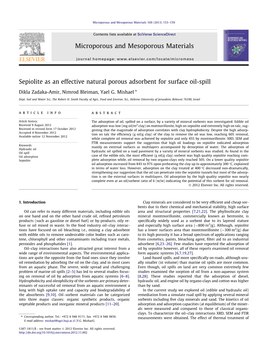 Sepiolite As an Effective Natural Porous Adsorbent for Surface Oil-Spill ⇑ Dikla Zadaka-Amir, Nimrod Bleiman, Yael G