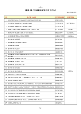 LIST of CORRESPONDENT BANKS As at 05 Feb 2015