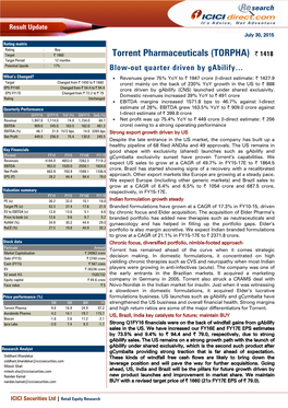 Torrent Pharmaceuticals (TORPHA) | 1418 Target Period : 12 Months Potential Upside : 17%