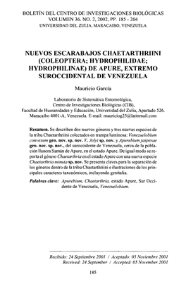 Nuevos Escarabajos Chaetarthriini (Coleoptera; Hydrophilidae; Hydrophilinae) De Apure, Extremo Suroccident Al De Venezuela