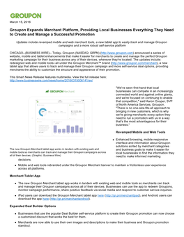 Groupon Expands Merchant Platform, Providing Local Businesses Everything They Need to Create and Manage a Successful Promotion