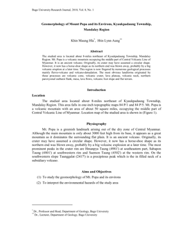 Geomorphology of Mount Popa and Its Environs, Kyaukpadaung Township, Mandalay Region Khin Maung Hla*, Htin Lynn Aung** Abstract